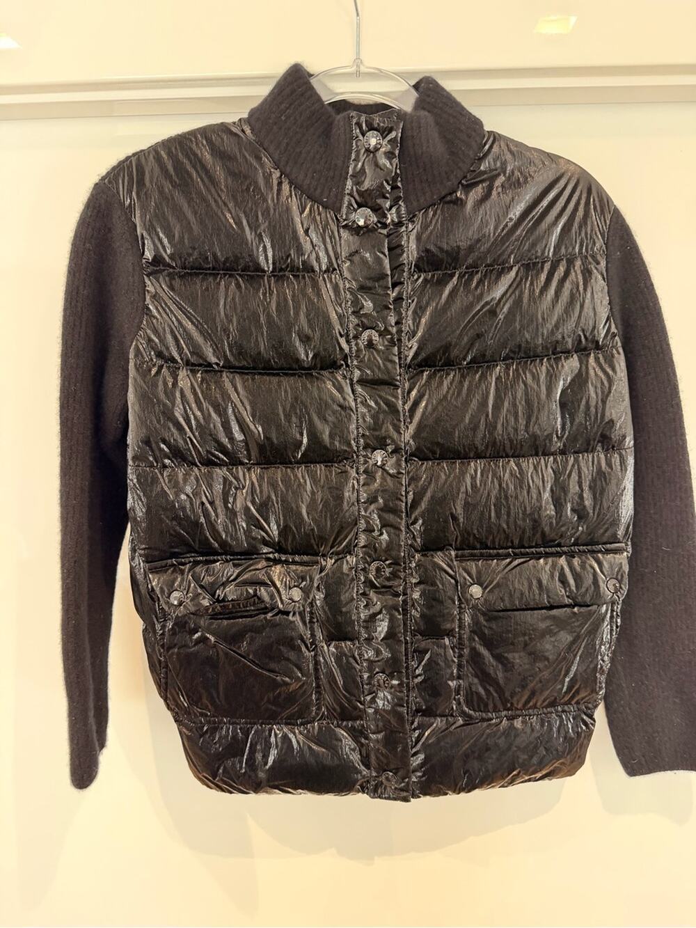 Moncler Black Quilted Puffer Jacket with Knit Sleeves
